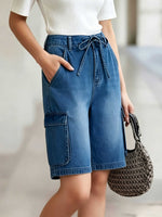Load image into Gallery viewer, Women's Blue Denim Cargo Jean Shorts High Waist Tie Waist Utility Pockets
