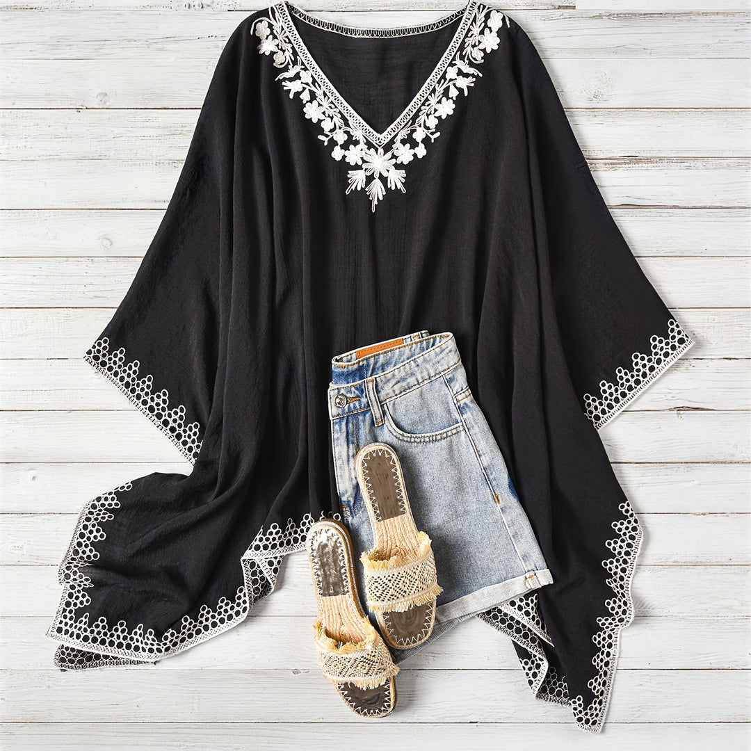 Women's Poncho Shirt V Neck Embroidered Trim Draped Batwing Style