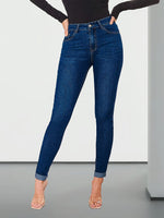 Load image into Gallery viewer, Women's Medium Blue Relaxed Skinny Jeans High Waist Cuffed Ankle Stretch Denim

