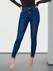 Women's Medium Blue Relaxed Skinny Jeans High Waist Cuffed Ankle Stretch Denim