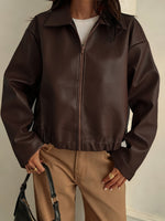 Load image into Gallery viewer, Women's Brown Leather Jacket Collar Zip Front Cropped Style
