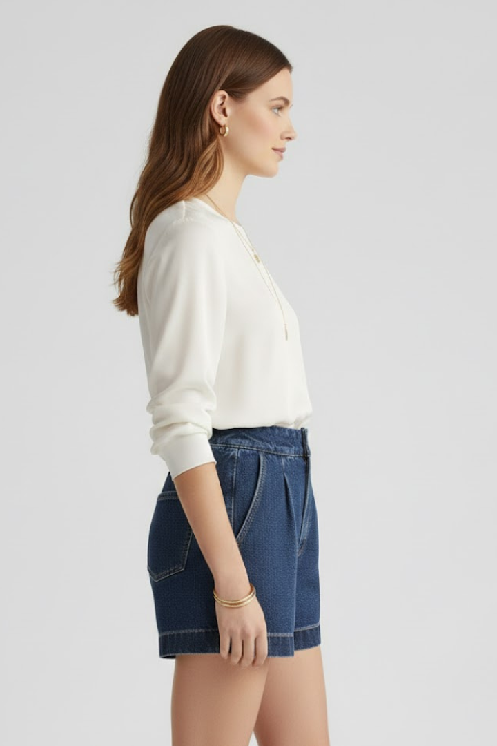 Women's Blue Denim Shorts Pleated Front Tailored Style