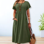 Load image into Gallery viewer, Women's Midi Dress Short Sleeve Round Neck Pintuck Pleat Side Pockets Casual Style
