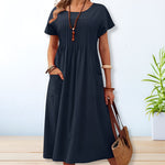 Load image into Gallery viewer, Women's Midi Dress Short Sleeve Round Neck Pintuck Pleat Side Pockets Casual Style
