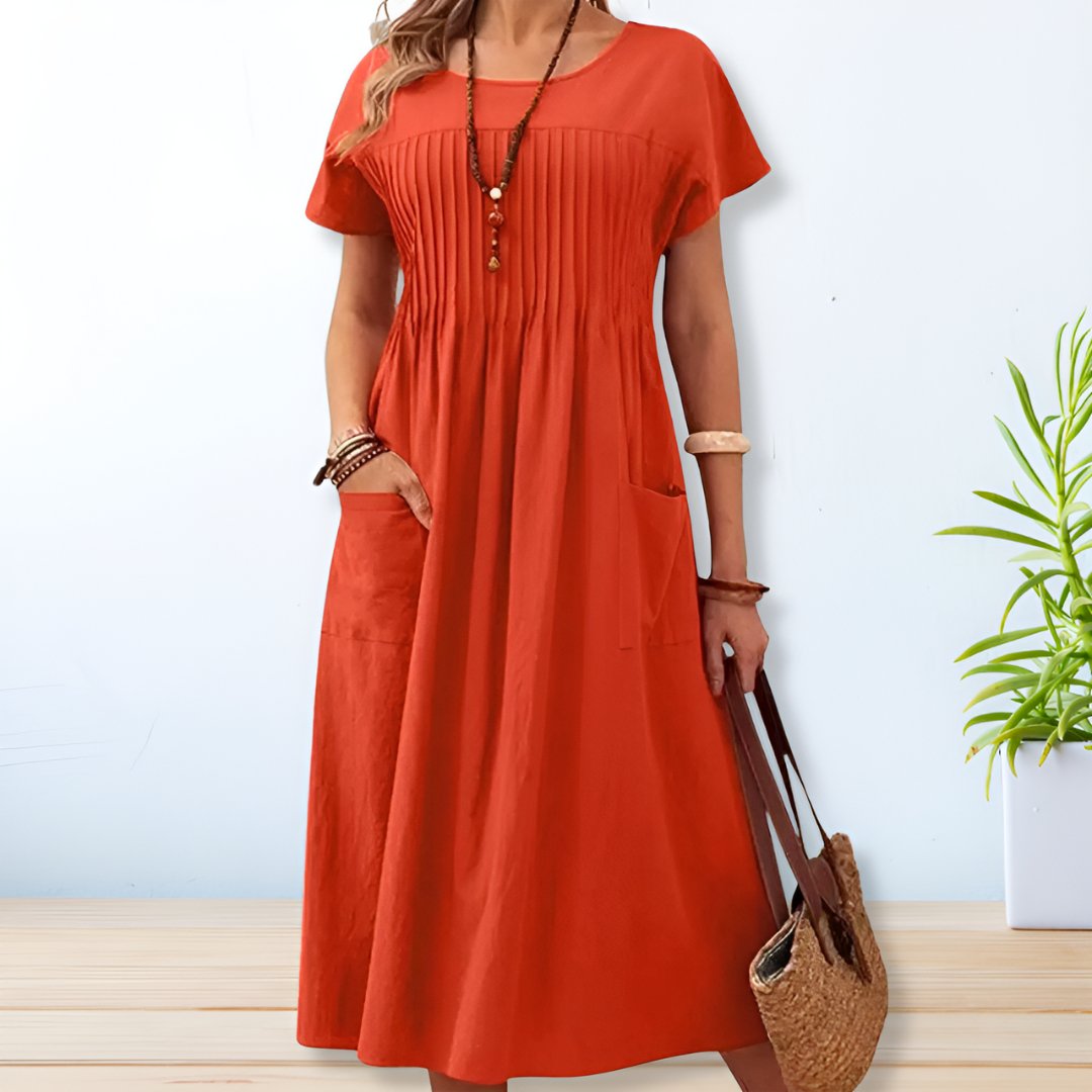 Women's Midi Dress Short Sleeve Round Neck Pintuck Pleat Side Pockets Casual Style