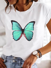 Women's Graphic Print Blouses Round Neck Short Sleeve Relaxed Soft Cotton Style