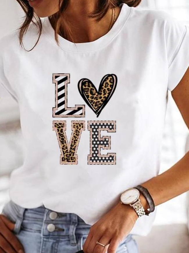 Women's Graphic Print Blouses Round Neck Short Sleeve Relaxed Soft Cotton Style