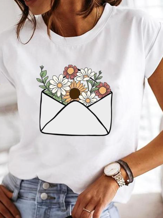Women's Graphic Print Blouses Round Neck Short Sleeve Relaxed Soft Cotton Style