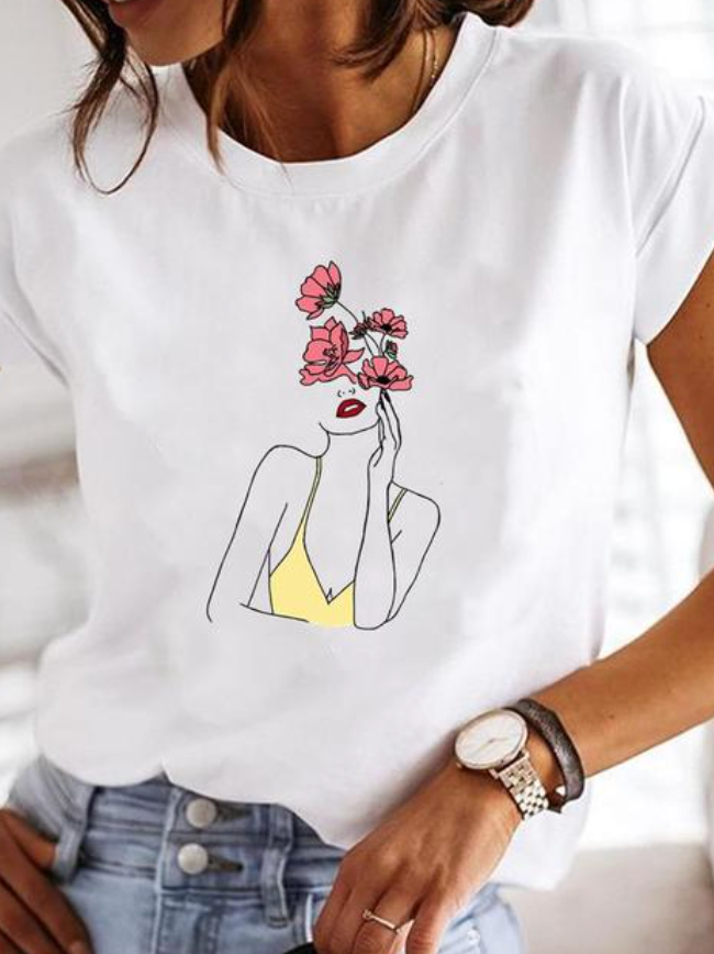 Women's Graphic Print Blouses Round Neck Short Sleeve Relaxed Soft Cotton Style