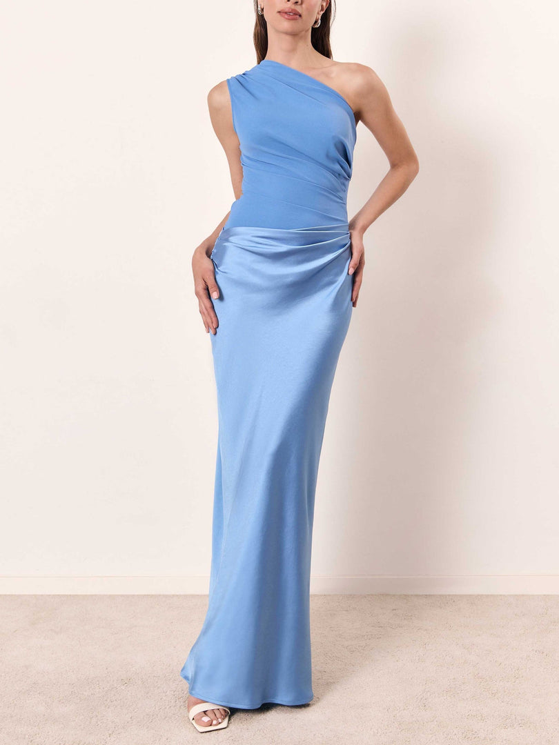 Women's Satin Maxi Dress One Shoulder Ruched Waist Bias Cut Formal Wedding Guest Style