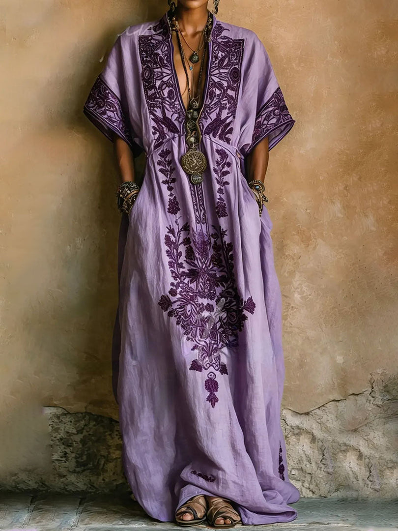 Women's Purple Maxi Dress Embroidered Print Kaftan Batwing Sleeve Flowing Style