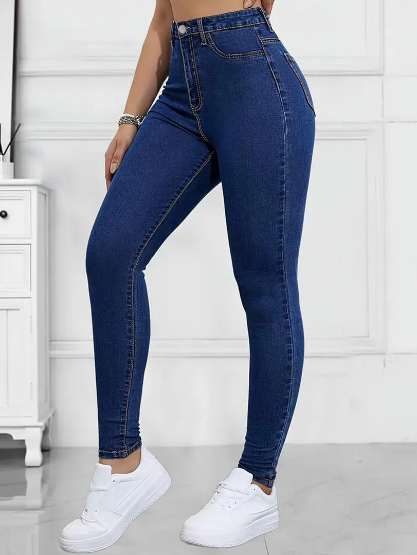 Women's Dark Blue Relaxed Skinny Jeans High Waist Slim Fit Stretch Denim