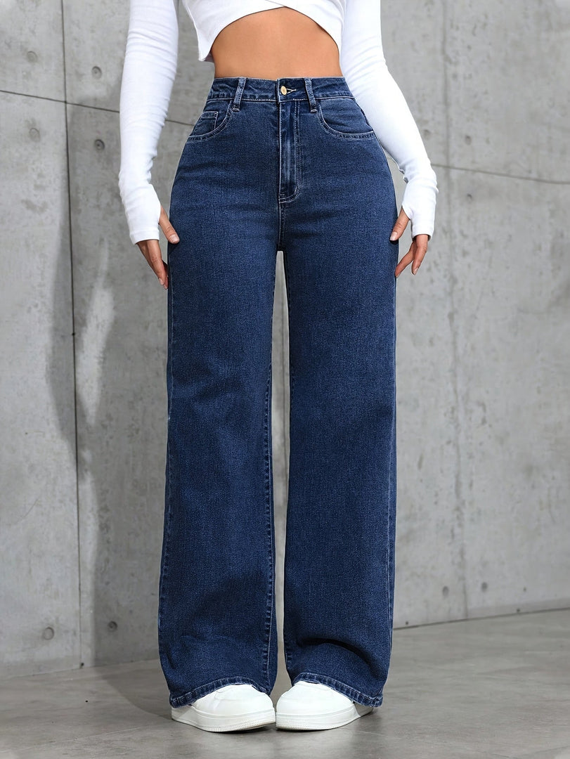 Women's Blue Wide Leg Jeans High Waist Flowing Loose Fit Denim Style