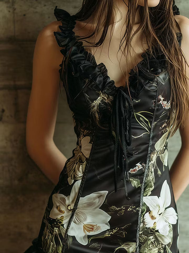 Women's Black Floral Corset Mini Dress Ruffle Trim Mesh Hem