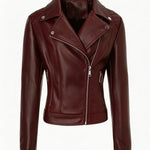 Load image into Gallery viewer, Women's Leather Moto Jacket Notch Lapel Asymmetric Zip Front Fitted Style
