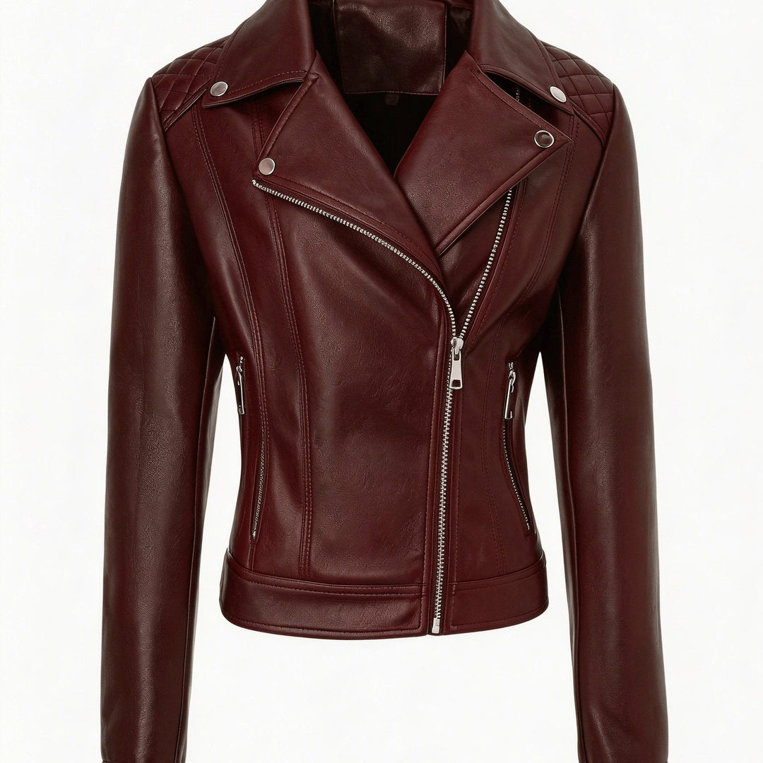 Women's Leather Moto Jacket Notch Lapel Asymmetric Zip Front Fitted Style