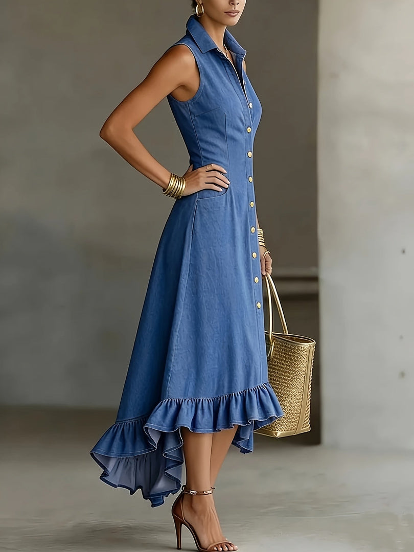 Women's Blue Denim Dress Collar Sleeveless Button Front High Low Ruffle Style