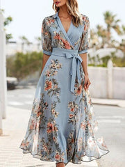 Women's Blue Floral Wrap Maxi Dress V-Neck Puff Sleeve Tie Waist Casual Wedding Guest Style