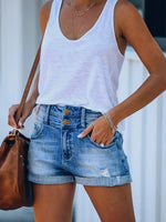 Load image into Gallery viewer, Women's Light Blue Shorts High Waist Button Fly Distressed Cuffed Hem Denim Casual Style
