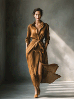 Load image into Gallery viewer, Effortless Brown Shirt Dress for Women with Collar V Neck Tie Waist Long Sleeve Linen Casual Maxi Style
