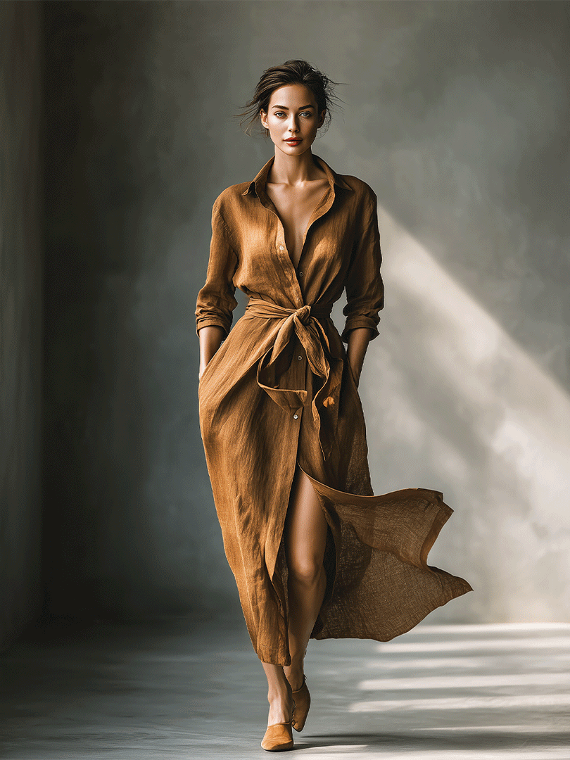 Effortless Brown Shirt Dress for Women with Collar V Neck Tie Waist Long Sleeve Linen Casual Maxi Style