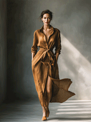 Women's Brown Shirt Dress Collar V Neck Tie Waist Long Sleeve Linen Casual Maxi Style