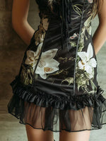 Load image into Gallery viewer, Women's Black Floral Corset Mini Dress Ruffle Trim Mesh Hem
