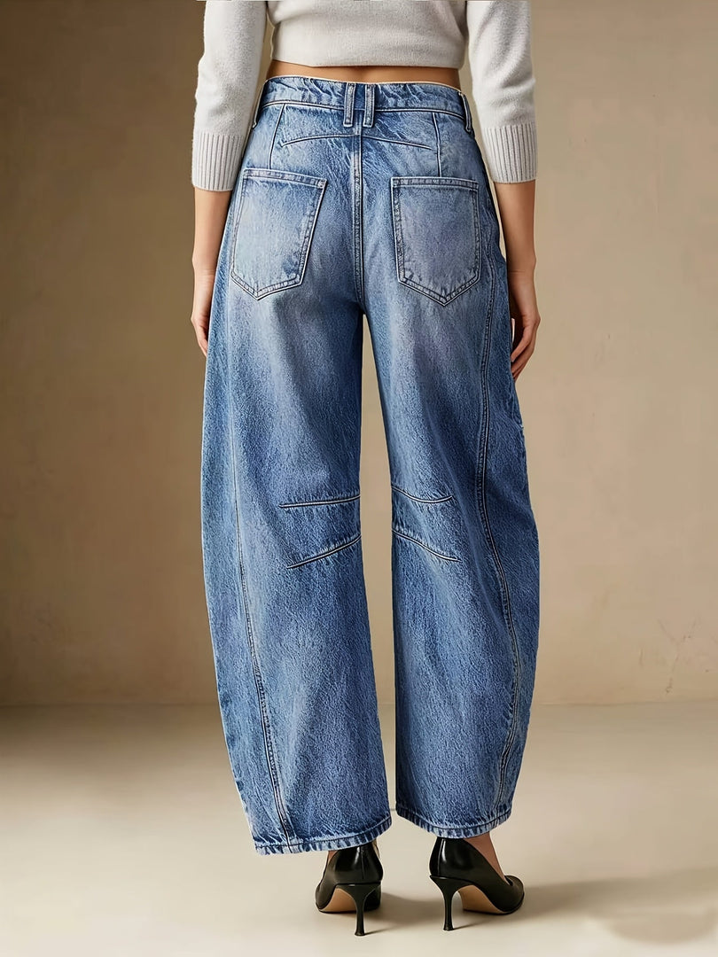 Women's Relaxed Blue Barrel Jeans High Waist Seam Detail