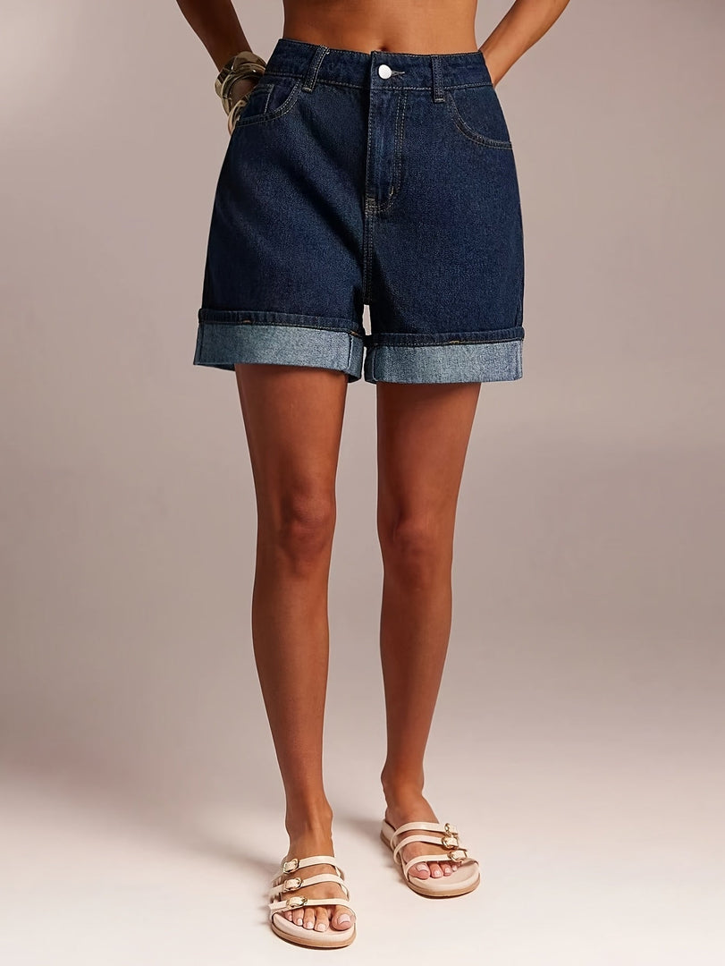 Women's Medium Blue Jean Shorts High Waist Cuffed Pocket Relaxed Style
