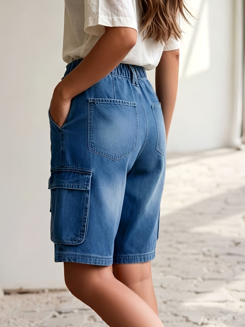 Women's Blue Denim Cargo Jean Shorts High Waist Tie Waist Utility Pockets