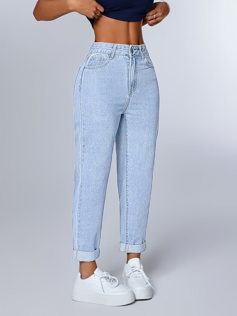 Women's Light Blue Relaxed Mom Jeans High Waist Tapered Cuffed Hem