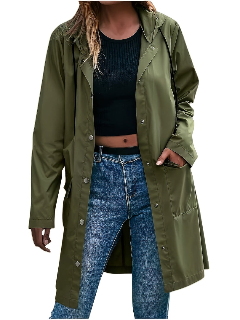 Women's Trench Coat Hooded Button Front Longline Pocket Style