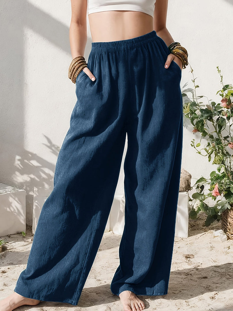 Women's Linen Wide Leg Pants High Waist Pocket Flowing Relaxed Casual Style