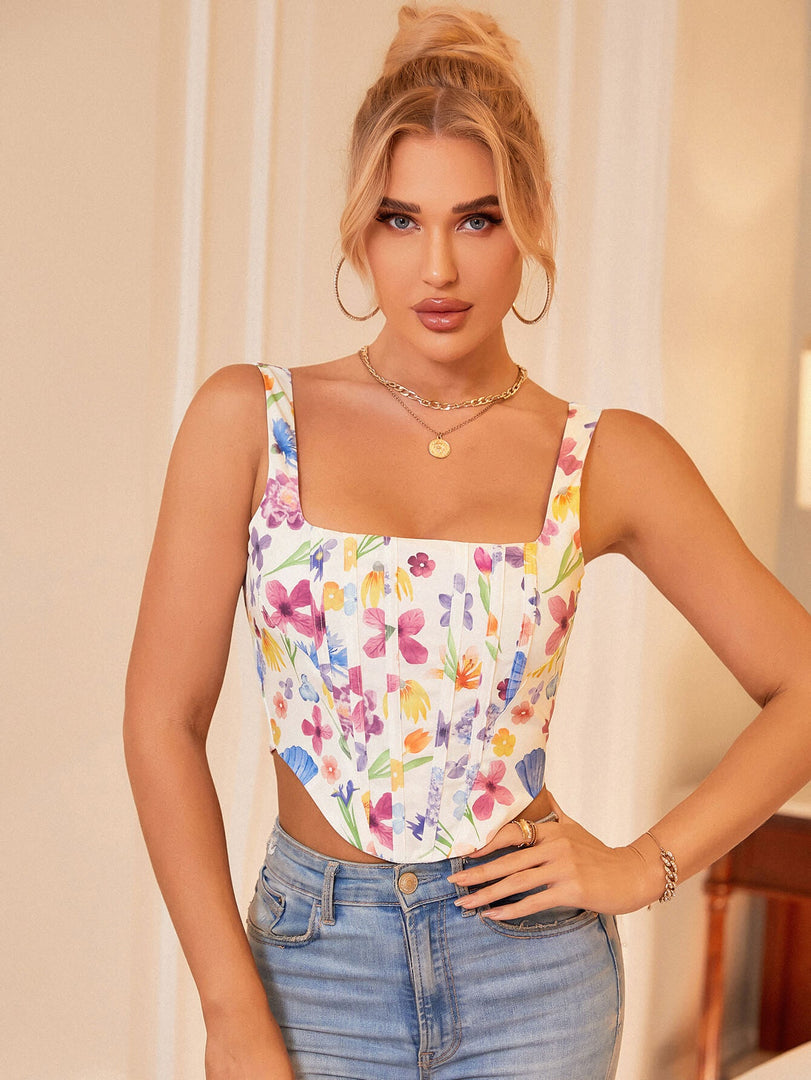 Ditsy Floral Print Hanky Hem Zip Back Tank Top | Vacation Top