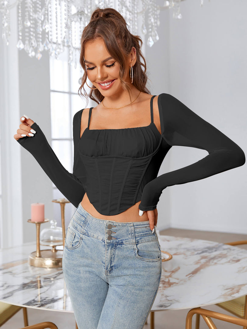 Boning Ruched Mesh Long Slevee Corset Top | Formal Event Top