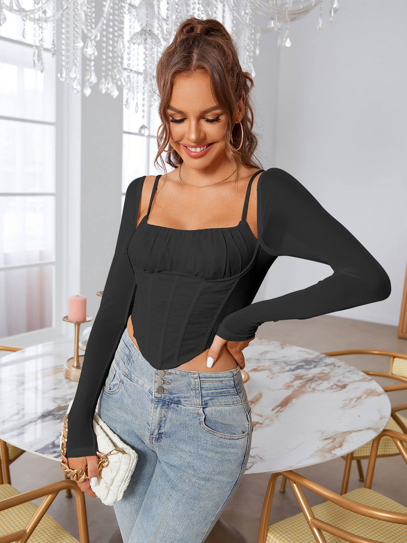 Boning Ruched Mesh Long Slevee Corset Top | Formal Event Top