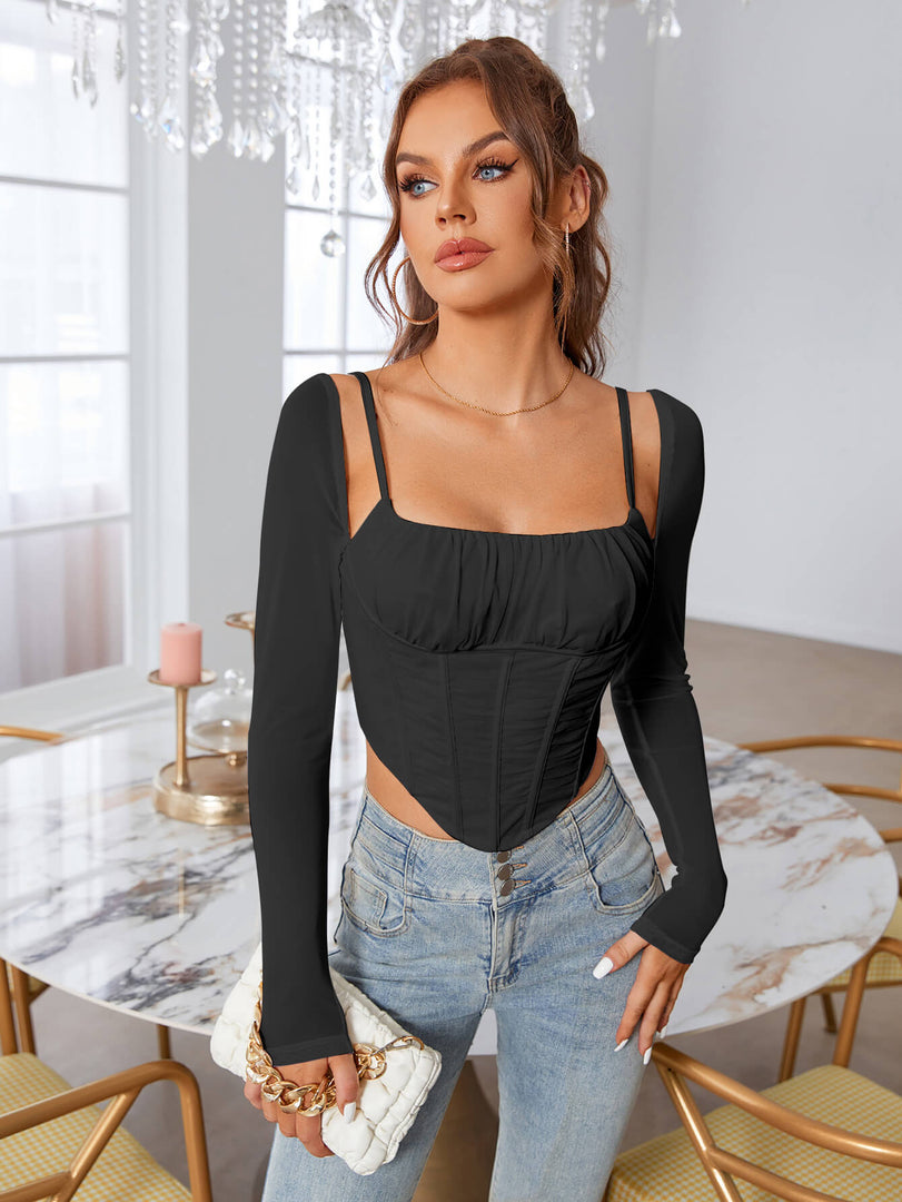 Boning Ruched Mesh Long Slevee Corset Top | Formal Event Top