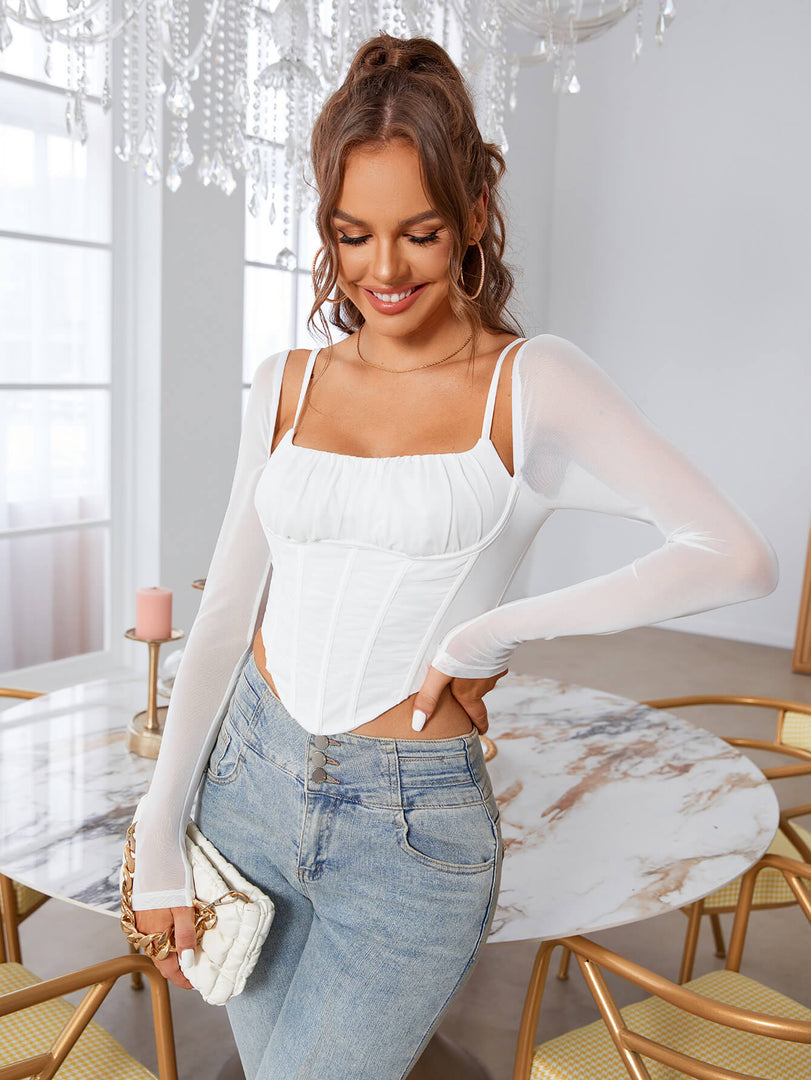 Boning Ruched Mesh Long Slevee Corset Top | Formal Event Top