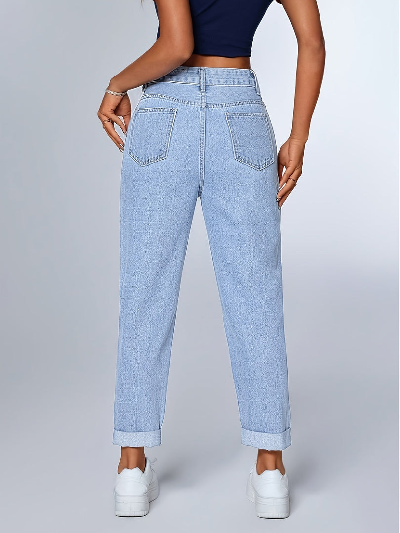 Women's Light Blue Relaxed Mom Jeans High Waist Tapered Cuffed Hem