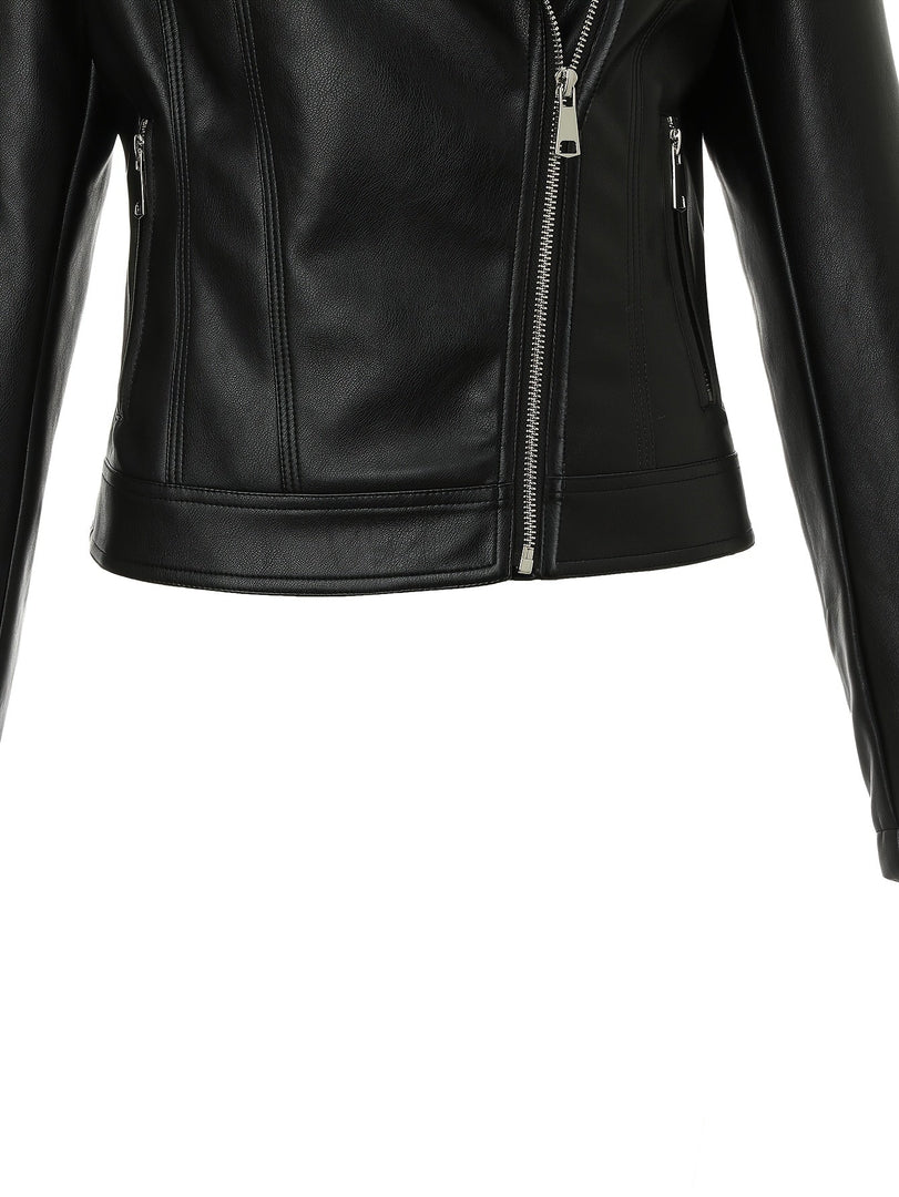 Women's Leather Moto Jacket Notch Lapel Asymmetric Zip Front Fitted Style