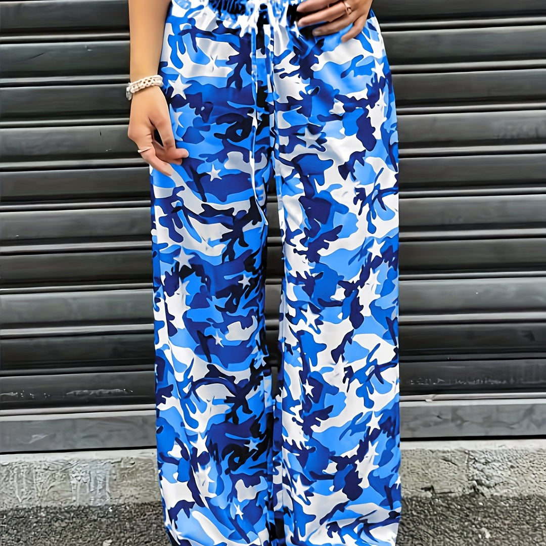 Women's Camo Cargo Pants Wide Leg Drawstring Waist Baggy Fit