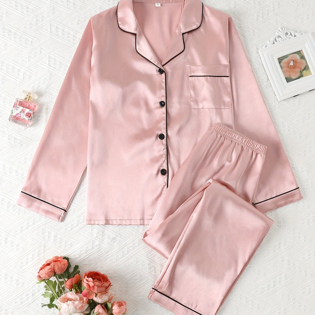 Comfortable Satin Pajamas for Women with Collar Button Front Piping Trim