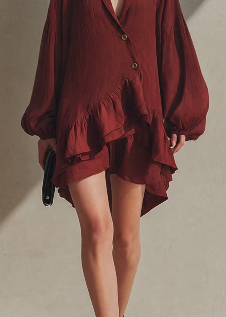 Women's Red Mini Dress V Neck Button Front Balloon Sleeve Ruffle Hem Style