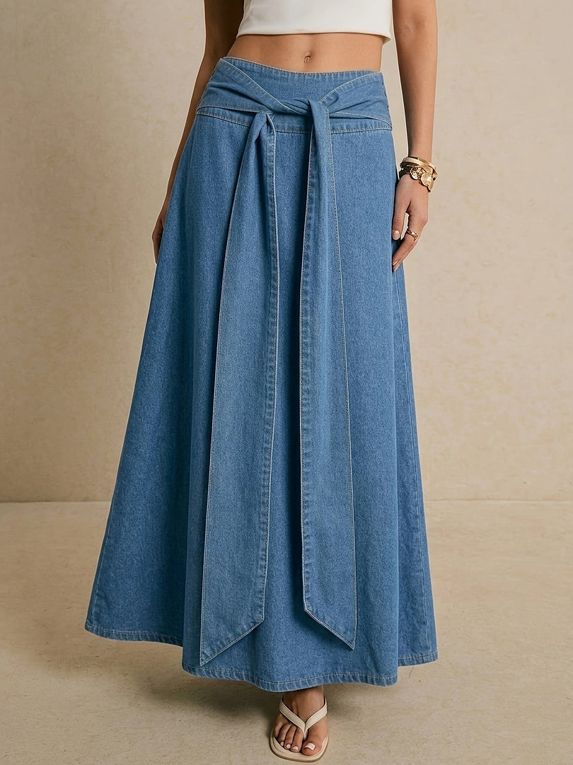 Women's Blue Denim Maxi Skirt Tie Waist a Line Flowing Style