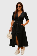 Load image into Gallery viewer, Women's Denim Midi Dress V-Neck Button Front Tie Sleeve Casual Style

