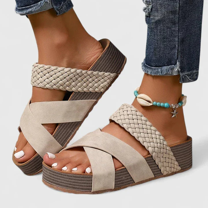 Women's Orthopedic Sandals Woven Crossover Strap Wedge Platform Slip On Open Toe Style