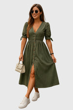 Load image into Gallery viewer, Women's Denim Midi Dress V-Neck Button Front Tie Sleeve Casual Style
