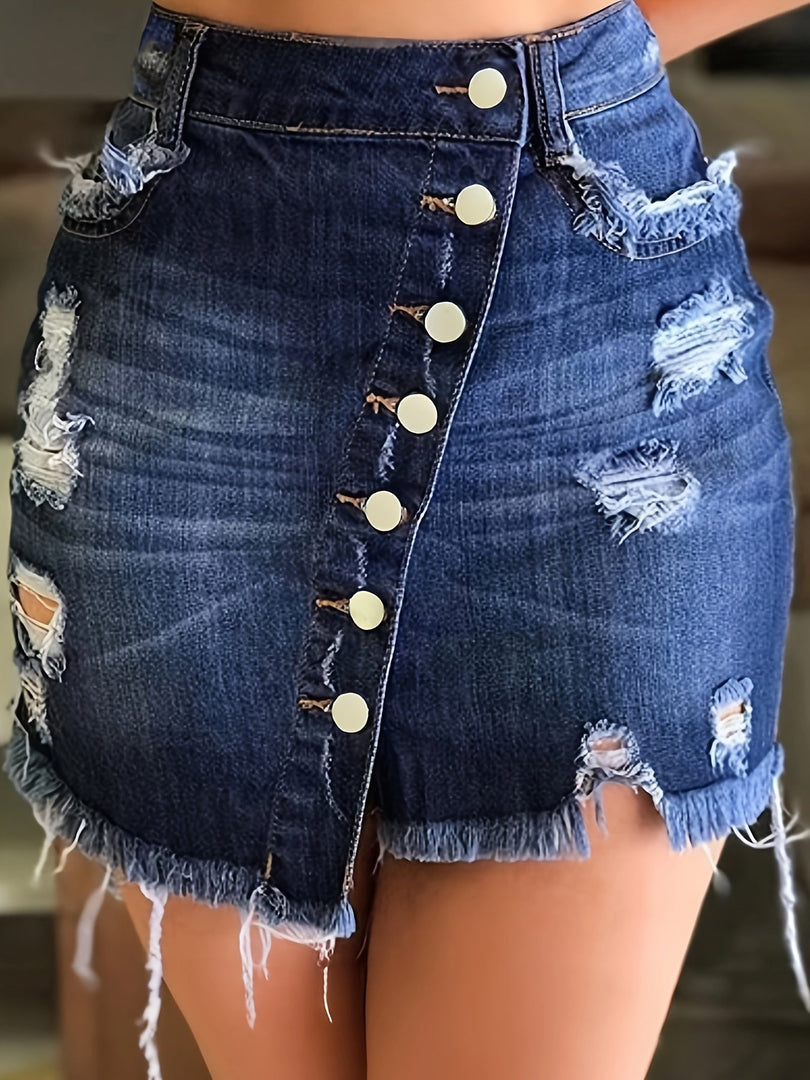 Women's Blue Denim Mini Skirt High Waist Ripped Button Front Raw Hem Jean Skirt Style
