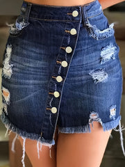 Women's Blue Denim Mini Skirt High Waist Ripped Button Front Raw Hem Jean Skirt Style