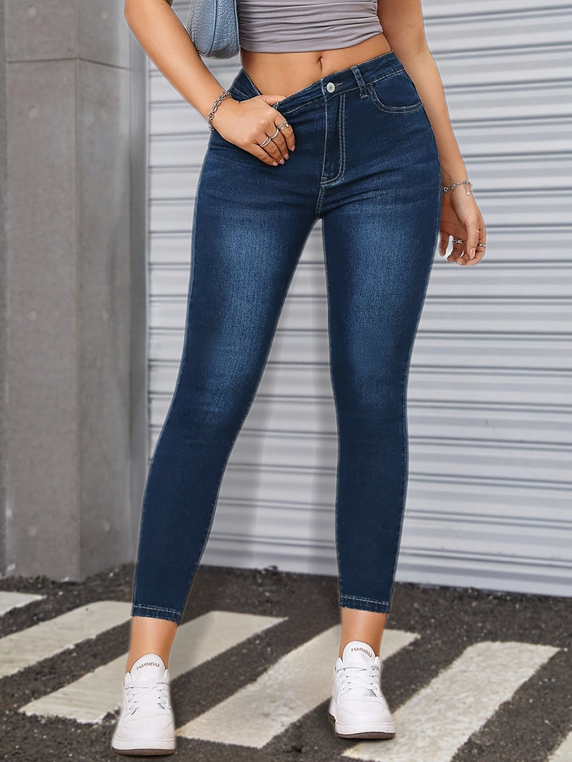 Women's Blue Relaxed Skinny Jeans High Waist Slim Fit Stretch Denim